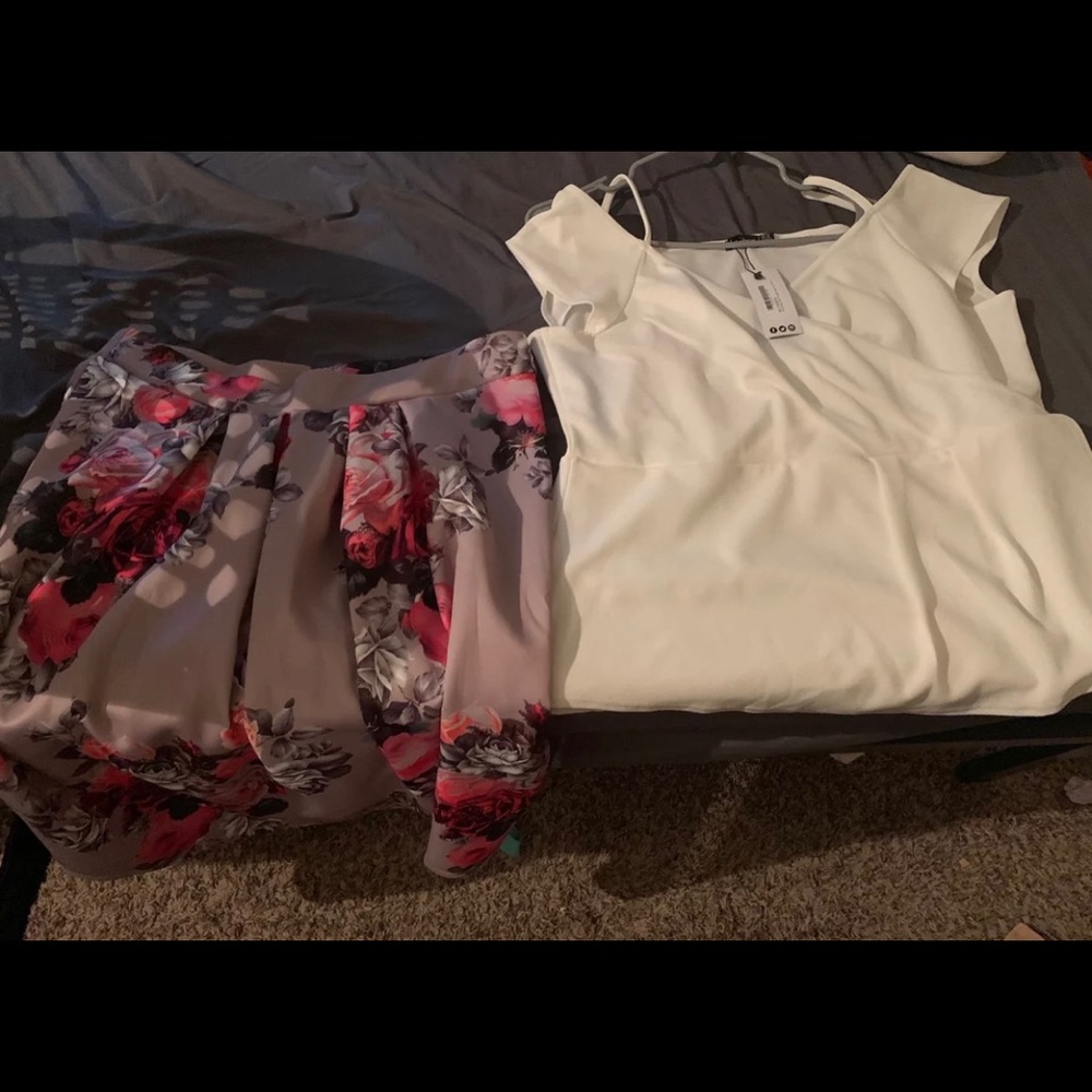 White top and Knee length floral skirt